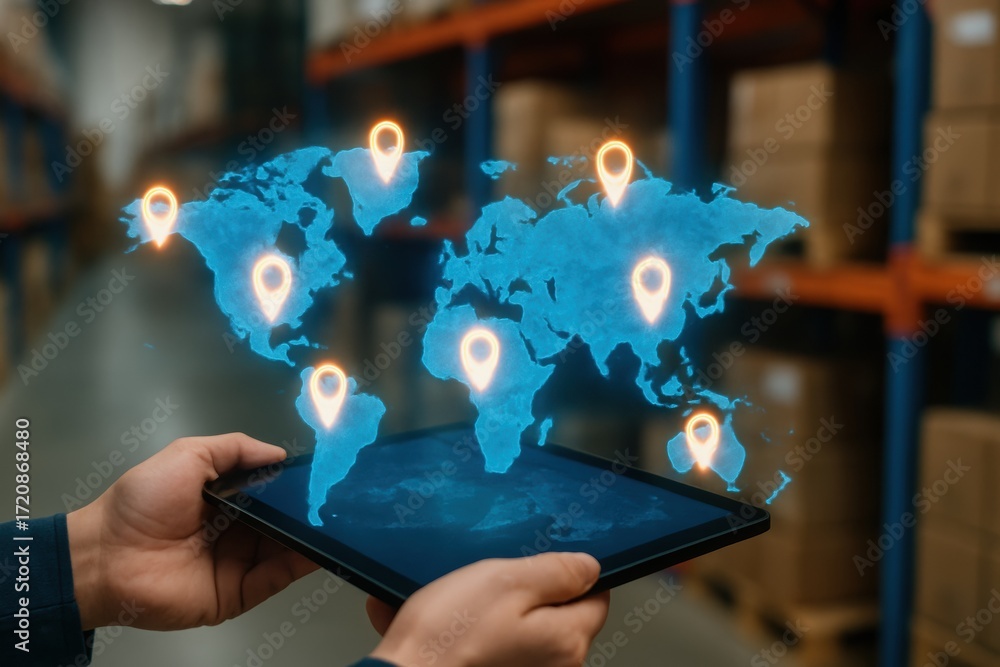 Poster global inventory system. hands holding a tablet displaying a holographic world map with location pin
