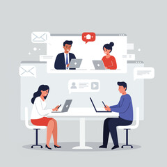 Fototapeta premium Vector Illustration of Business Meeting with Laptops and Video Conference in Modern Flat Style with Neutral Colors