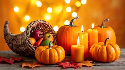 Cozy Autumn Cornucopia with Pumpkins and Candles