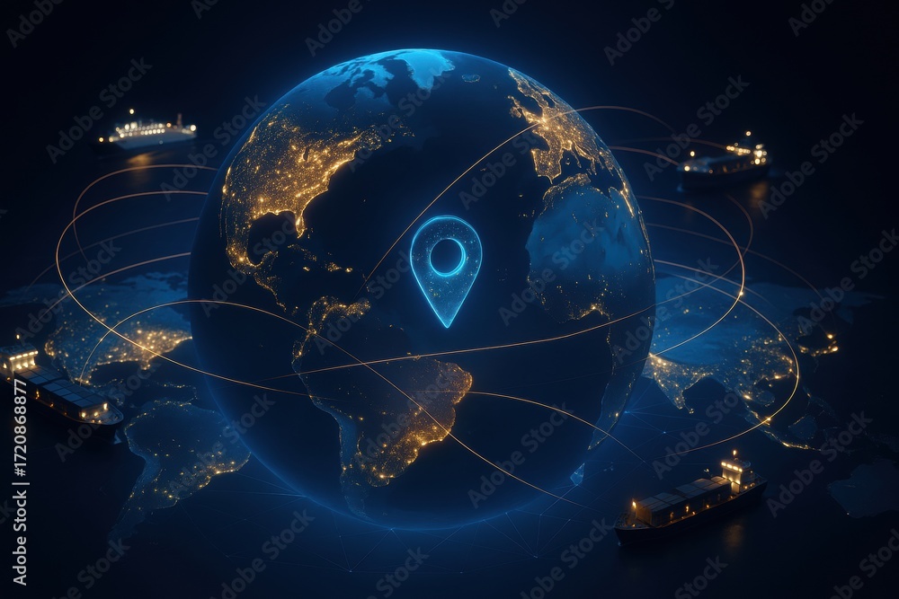 Poster global inventory system. digital globe with highlighted locations and shipping lines, representing g