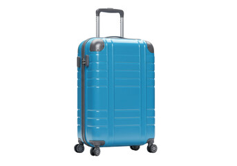 Isolated trolley luggage stands upright ready for travel vacation or holiday trip