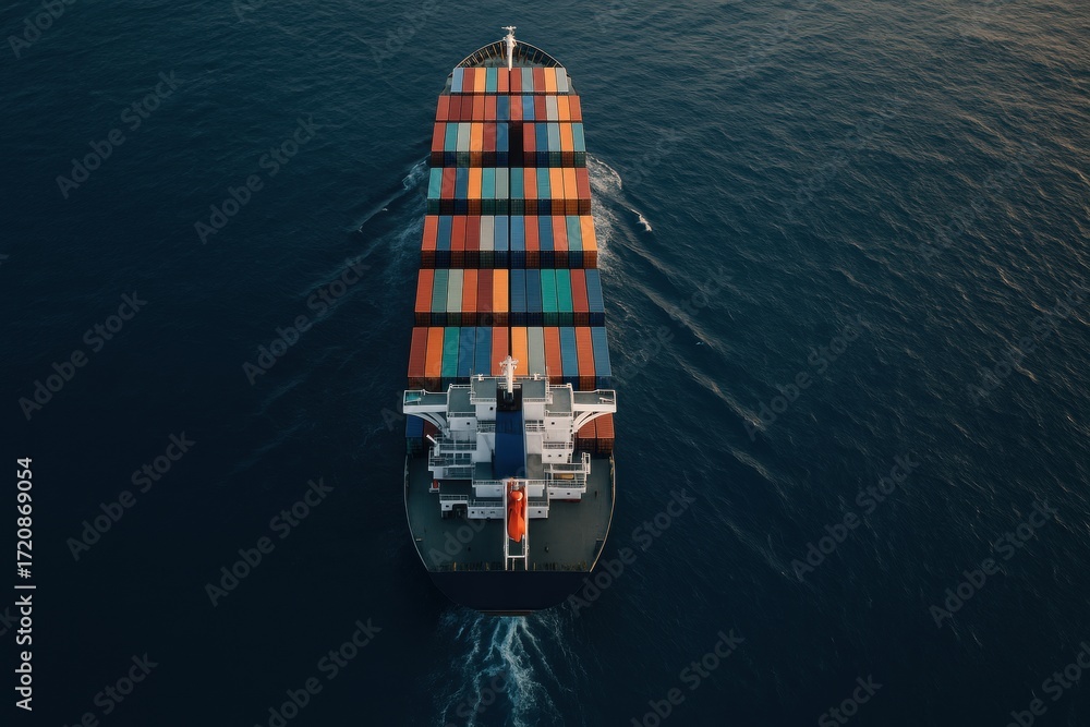 Poster global inventory system. large container ship navigating through calm waters with colorful cargo con