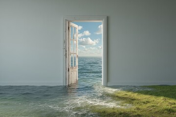 A weathered door, ajar, reveals a seascape; the room's floor is flooded, with grass sprouting near the doorway