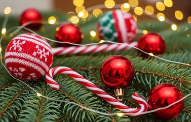 A macro of a cozy Christmas branch with red baubles, candy canes, knitted ornaments, twinkling warm fairy lights, pine needles sharp, and soft bokeh