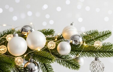 A modern minimal close-up of a Christmas tree branch with matte white and silver baubles, crystal ornaments, and soft glowing fairy lights, creating a clean and elegant holiday atmosphere