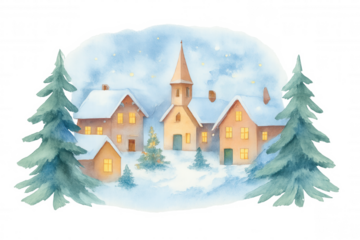 Watercolor painting depicting a snowy winter village scene at night, featuring houses with glowing windows, a church, and pine trees