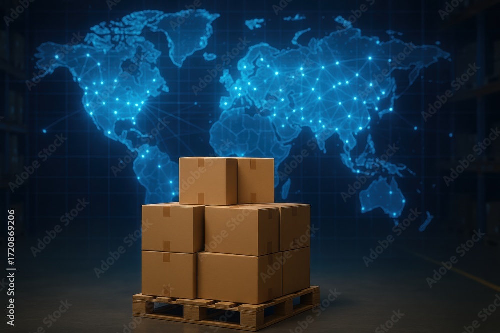 Aufkleber global inventory system. stacks of cardboard boxes on a pallet with a world map and network connecti
