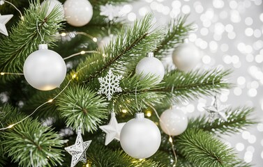 A close-up of a modern Christmas tree branch with white baubles, silver ornaments, soft fairy lights, and pine needles sharp under a soft blurred white bokeh