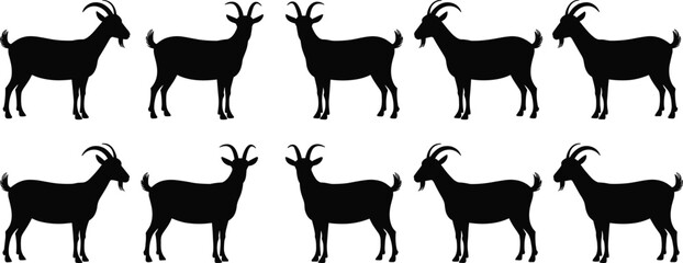 Goat silhouette set, black animal icons, farm livestock graphics, side profile goats, nature symbols, vector illustrations, repeated pattern design