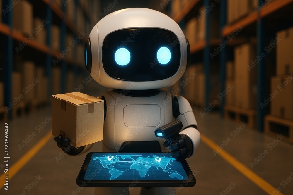 Poster global inventory system. a robot holding a package and tablet in a warehouse, symbolizing automation