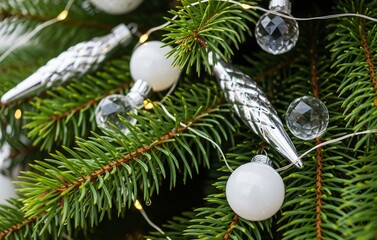 A macro shot of a Christmas tree branch with minimal white and silver ornaments, crystal baubles, and soft glowing fairy lights capturing a clean holiday aesthetic