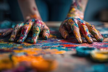 Two paint-covered hands rest on a vibrant, colorful canvas, showcasing a close-up view of the creative process