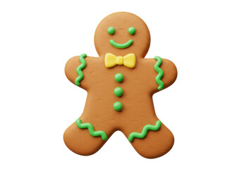 Isolated gingerbread man cookie with bow tie and green frosting dots and swirls decoration