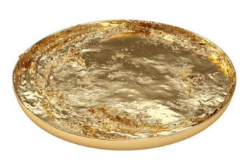 Rendered view of a luxurious gold bowl with flowing liquid gold effect on transparent background.