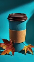 Teal Glitter Coffee Cup With Autumn Leaves On Teal Background