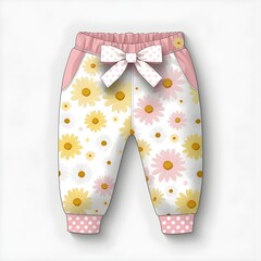 Daisy Floral Pattern Woven Jogger with Bow Detail for Baby Girls Vector
