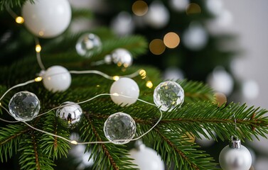 A close-up of a minimal Christmas tree branch with white and silver ornaments, crystal baubles, and soft glowing fairy lights creating an elegant holiday feeling