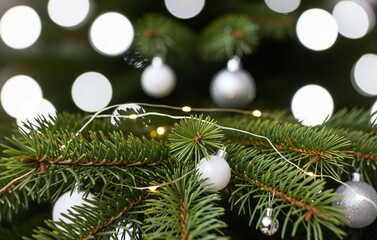 A macro view of a Christmas tree branch with minimal white and silver baubles, delicate ornaments, soft glowing lights, and blurred white bokeh