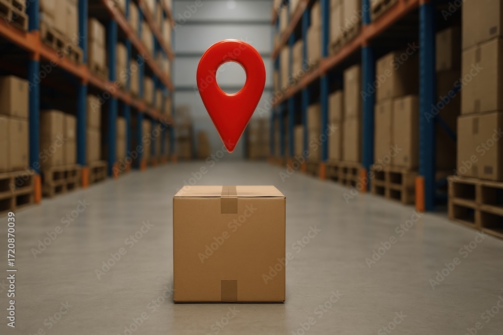 Poster global inventory system. a delivery box with a location pin in a warehouse setting, symbolizing logi
