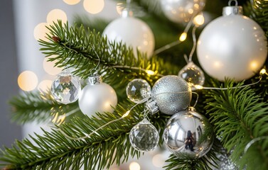 A close-up of a modern Christmas branch with white and silver baubles, minimal crystal ornaments, and soft glowing fairy lights under soft blurred background