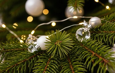 A macro of a Christmas tree branch with minimal white and silver ornaments, soft crystal baubles, glowing fairy lights, and pine needles sharp in focus