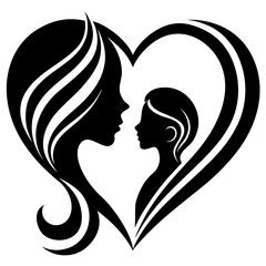 Vector art of a black silhouette of a mother and child forming a heart shape, representing maternal love, family bonds, and the protective embrace of parenthood, isolated on white