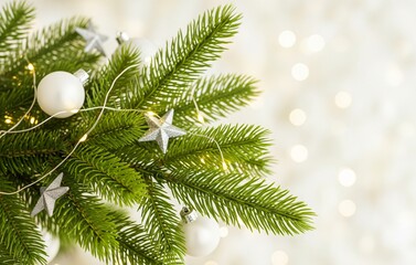 A close-up of a Christmas tree branch with minimal white and silver ornaments, glowing fairy lights, pine needles sharp, soft blurred white bokeh background