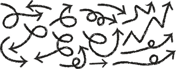 Hand drawn doodle arrows with sketchy lines, loops, swirls, and playful heart shapes. Artistic vector design elements for notes, highlights, and creative decorations. Perfect for digital projects and 