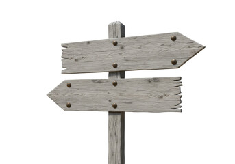 Isolated wooden signpost with directional arrows mounted, weathered aged and vintage design
