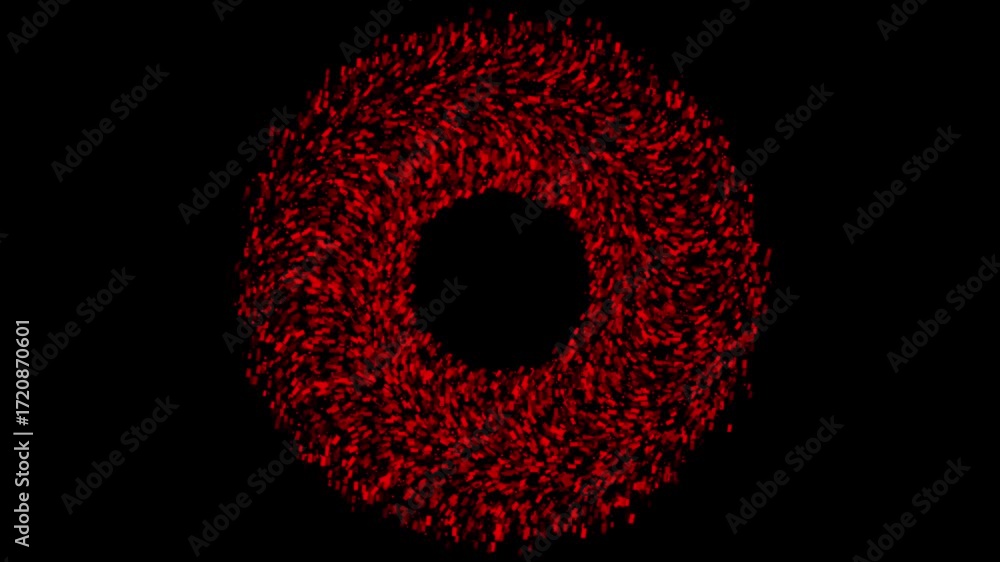 Poster dense ring of glowing red particles with swirling motion on black background. abstract visual for sp