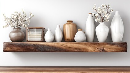 A wooden shelf displays decorative vases, a small box, and flowering branches in a minimalist, neutral setting.