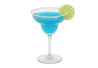 Isolated Blue margarita alcoholic drink in glass with lime garnish and salted rim summer vibes