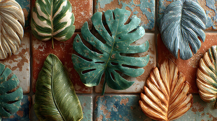Tropical Leaves Flatlay Pattern on Textured Tiles