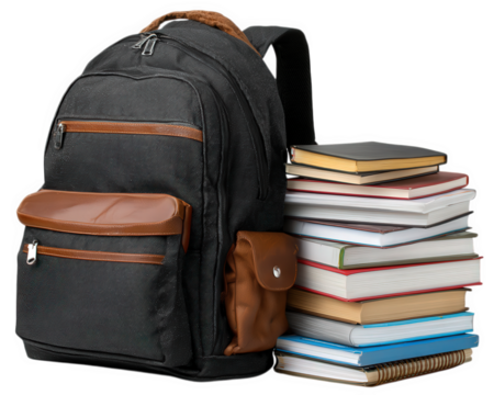 Black backpack with brown accents stands beside tall stack of colorful textbooks and spiral notebooks, suggesting busy academic lifestyle and preparation for school or college