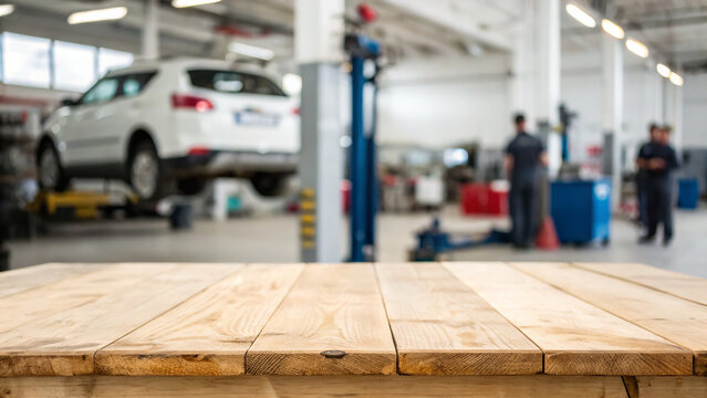 Busy auto repair shop with mechanics working on vehicles and equipment in the background