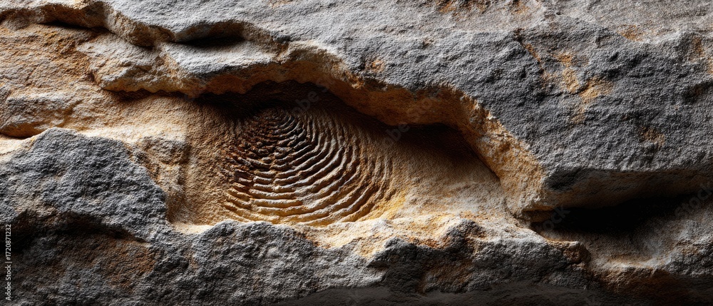 Poster geology fossil strata concept. textured rock surface with circular patterns and natural formations.