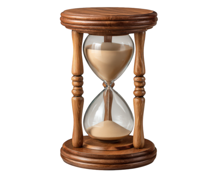 Wooden hourglass with floating sand, no bottom, transparent glass, classic design, isolated on transparency background, symbolizing time and patience - Powered by Adobe