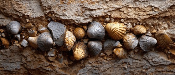 geology fossil strata concept. Fossilized shells embedded in a textured rock surface, showcasing natural history.