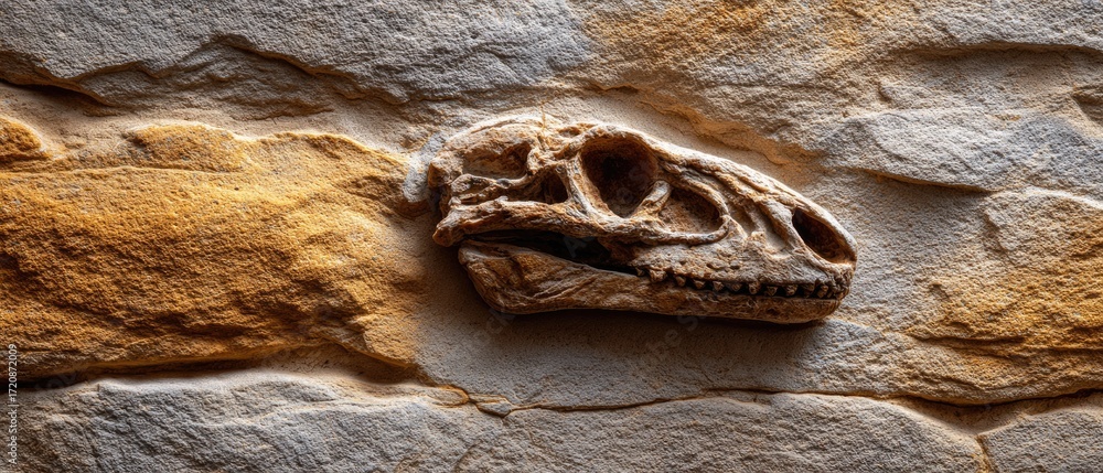 Poster geology fossil strata concept. fossilized dinosaur skull embedded in textured stone surface.