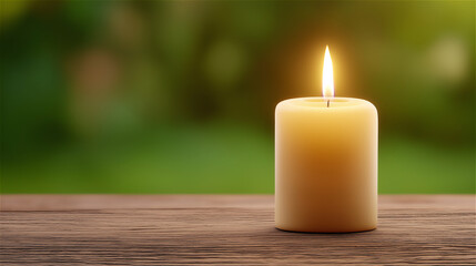 Single candle burning on wooden surface outdoors, symbolizing spirituality, hope and calmness, with warm glowing light and peaceful copy space.