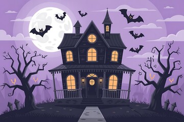 Spooky haunted victorian mansion silhouetted against a large full moon with bats flying ominously in the purple night sky