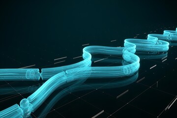 Abstract representation of interconnected digital blocks forming a glowing blue chain on a dark reflective surface symbolizing blockchain technology and data security