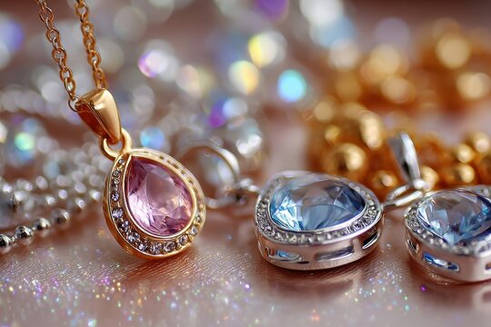 Sparkling Gold and Silver Pendants with Pink and Blue Gems