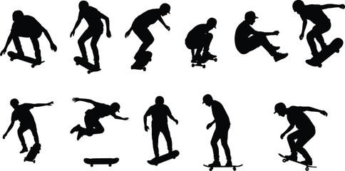 Silhouette of skateboarders performing tricks, extreme skateboarding action, black and white vector art, urban sport, skateboarding lifestyle, youth culture