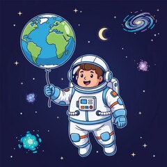 A cheerful astronaut floats through space happily holding Earth as a balloon
