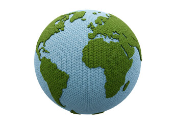 Isolated three-dimensional globe made of knitted material showing continents and oceans concept