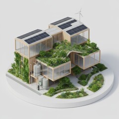 3D architectural model of eco-friendly smart home with solar panels and garden