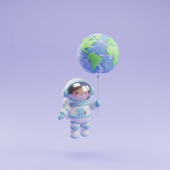 A cheerful astronaut floats through space holding Earth as a balloon