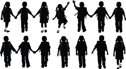 Silhouette of school children, walking and holding hands, kids with backpacks, student group illustration, education, unity, childhood, black and white.