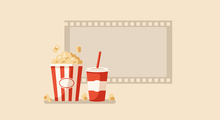 A playful flat design illustration featuring iconic cinema snacks, popcorn and a soda, symbolizing the quintessential movie-watching experience at the Vancouver Film Festival. 